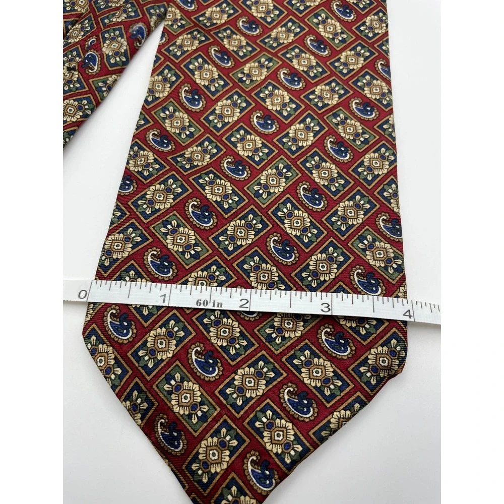 Caumont Extra Long Silk Tie Mens Burgundy Navy Gold Geometric Paisley Medallion